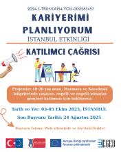 Beyaz arka plan üzerinde tasarlanmış afişte, üst bölümde proje numarası, altında büyük koyu mavi harflerle “Kariyerimi Planlıyorum” ve onun altında “İstanbul Etkinliği” başlıkları, Altında turuncu bir çizgiyle ayrılmış bölümde “Katılımcı Çağrısı” ifadesi, Sol alt köşede megafon tutan bir el illüstrasyonu, Orta kısımda bir sunum yapan kişi ve masa etrafında oturan üç genç çizimi, altında turuncu bir kutu içinde duyuru metni, altında mavi renkte Tarih ve Yer bilgisi, en altta logolar yer alıyor.