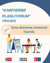 Açık krem zeminli bir dijital afiş. Üst kısmı lacivert dairesel bir çerçeveyle çevrelenmiş. En üstte mavi büyük harflerle “KARİYERİMİ PLANLIYORUM” PROJESİ yazıyor. Hemen altında turuncu zemin üzerinde mavi yazıyla: “Tema Belirleme Anketimiz Yayında” ifadesi ve yanında bir duyuru (megafon) ikonu yer alıyor.  Afişin alt bölümünde bir sunum grafiği gösteren kişi ile, masa başında oturan iki kişinin illüstrasyonu bulunuyor.