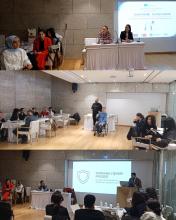 Konferans salonunda geçen bir eğitim toplantısı kolajı.  Üstteki fotoğrafta salonun önünde beyaz masa örtülü uzun bir masa ve arkasında oturan iki kadın konuşmacı var. Sağ taraftaki kadın koyu renk ceketli, yanında mikrofon ve dizüstü bilgisayar bulunuyor. Arkadaki projeksiyon perdesinde mavi-beyaz bir sunum yansıyor; üst kısmında “Erasmus+” logosu, altında büyük harflerle “KARİYERİMİ PLANLIYORUM” yazısı seçiliyor. Sol tarafta, salonun kenarındaki sandalyelerde oturan birkaç kadın dinleyici var.